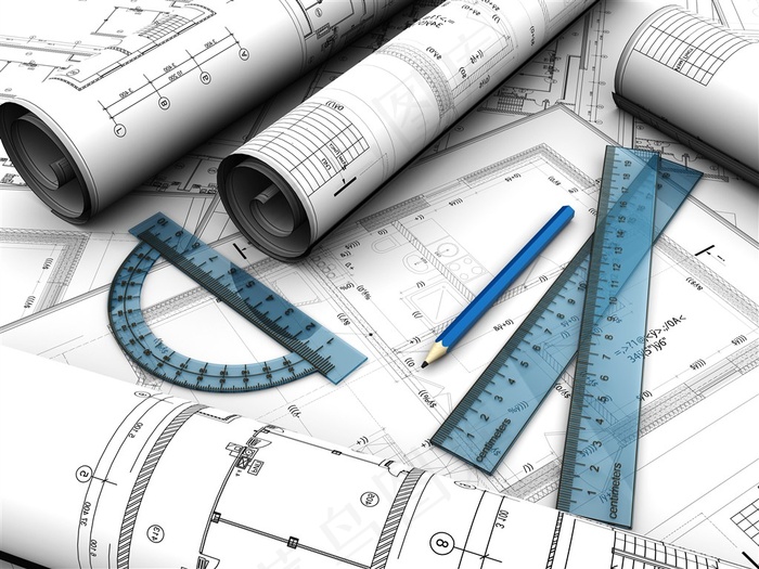 设计图纸工具及房子模型高清素材图片
