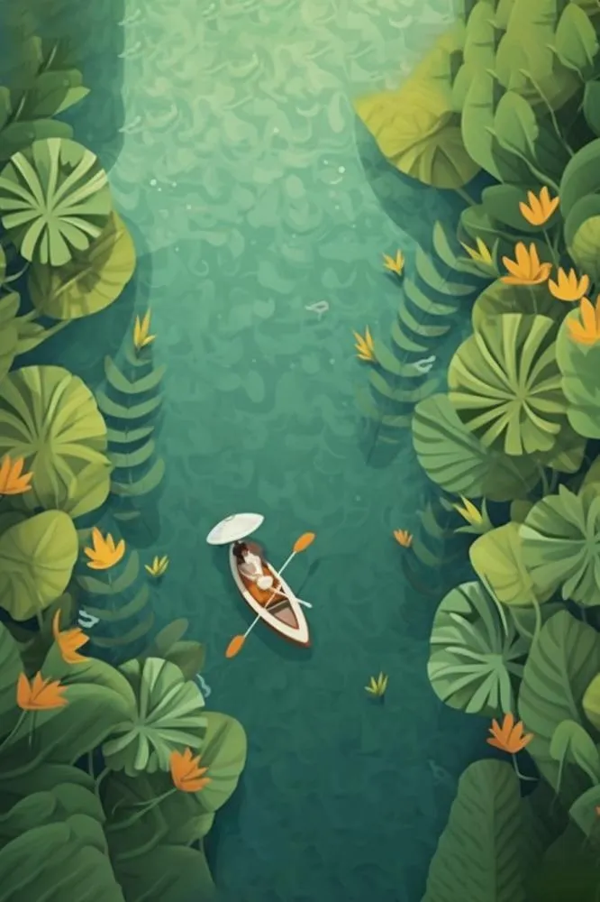 卡通插画湖面植物划船游湖背景(896x1344)