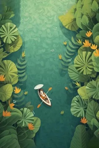 卡通插画湖面植物划船游湖背景