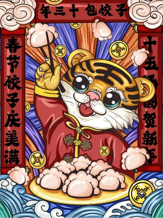 老虎吃饺子绘画PSD素材