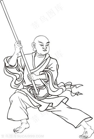 甩棍功夫手绘线描108罗汉矢量PNG图片