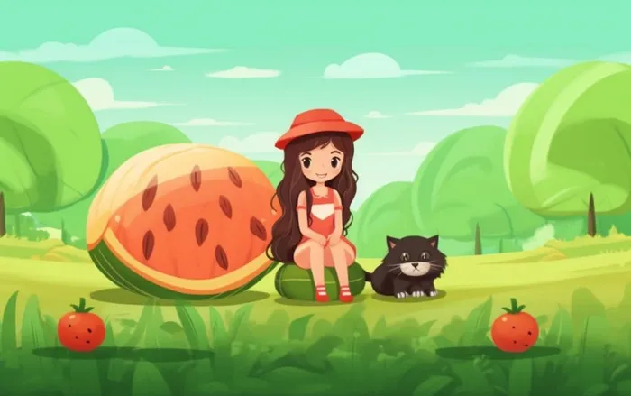 坐着西瓜草地的女孩插画背景(1376x864)