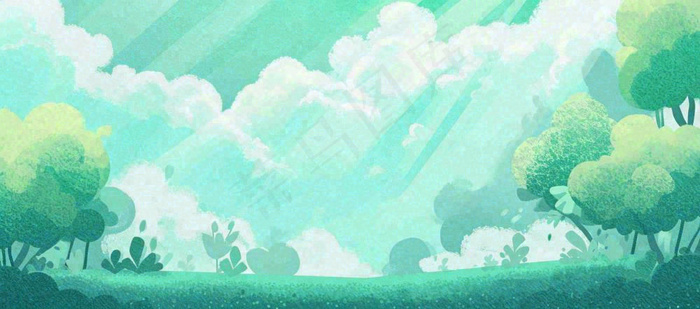 春天绿色插画手绘森林草地，白云阳光