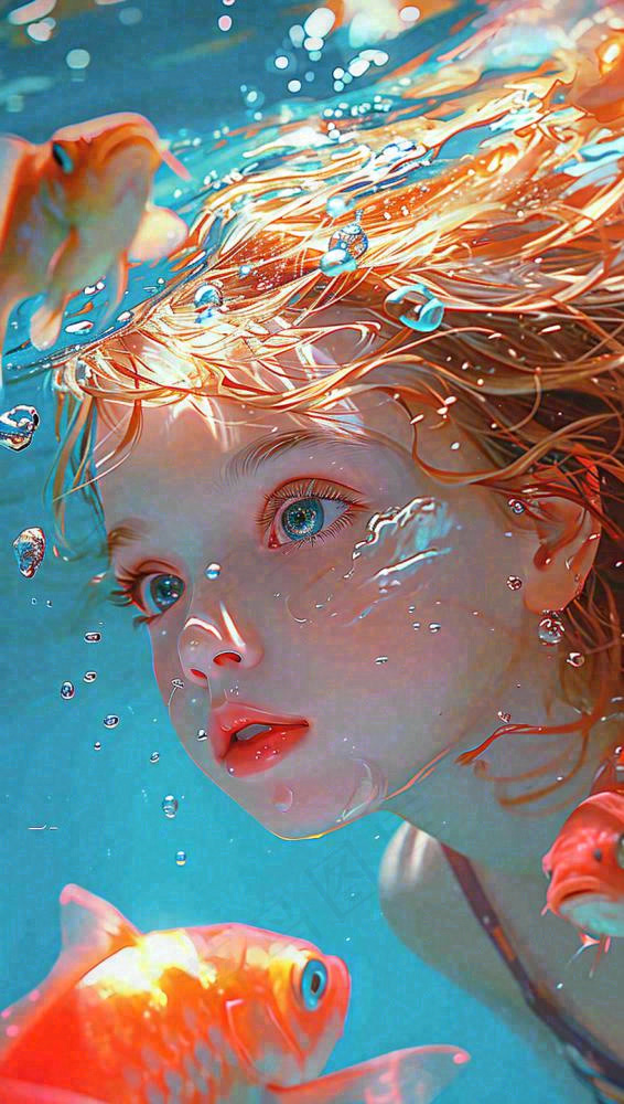 海底世界金鱼鱼类和小女孩人物游泳(816x1440)