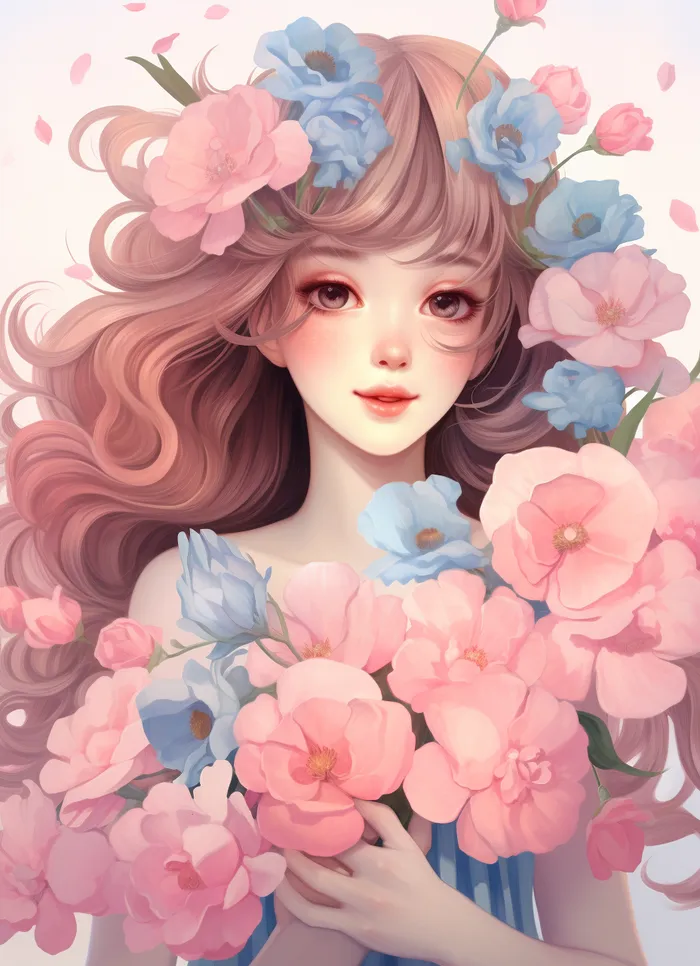 美丽少女抱着大捧粉色鲜花卡通插画(x)