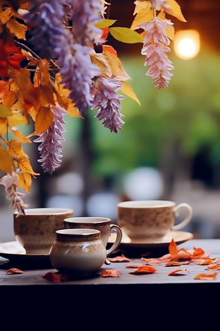 木桌上的茶杯垂挂的树叶花枝摄影图