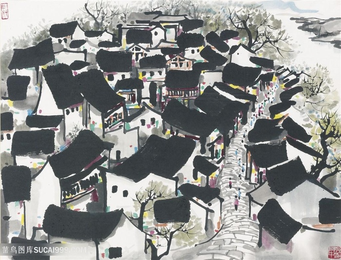 吴冠中手绘水墨乡村房子高清装饰画