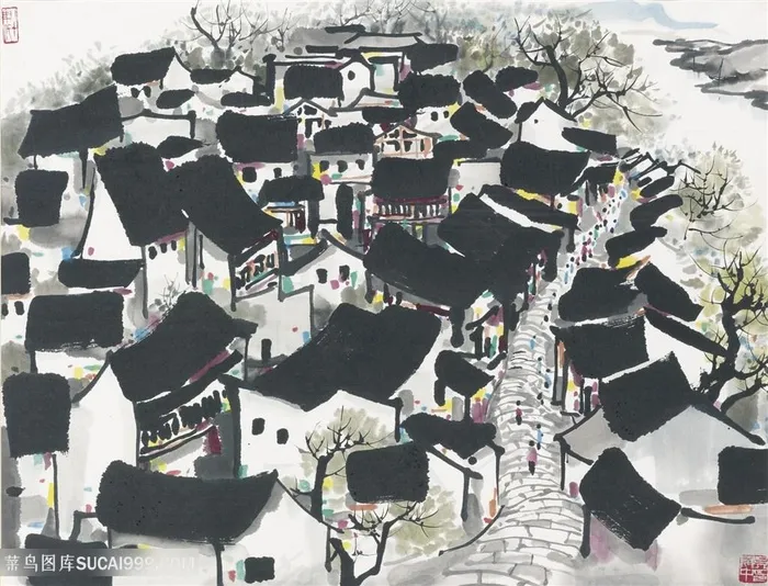 吴冠中手绘水墨乡村房子高清装饰画