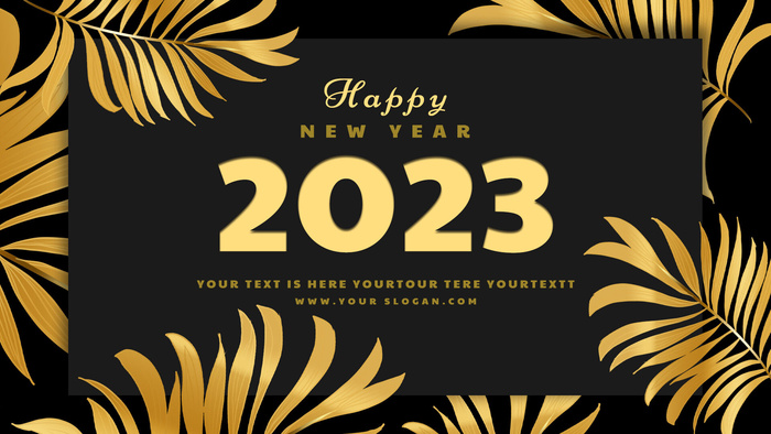现代2023年新年快乐黑金叶子背景