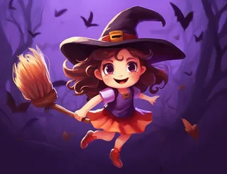 万圣节女巫骑扫把紫色卡通插画背景