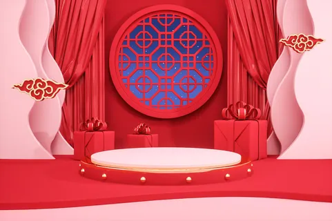 中国风古典喜庆C4D背景图3D国潮场景促销活动海报PSD设计素材模板