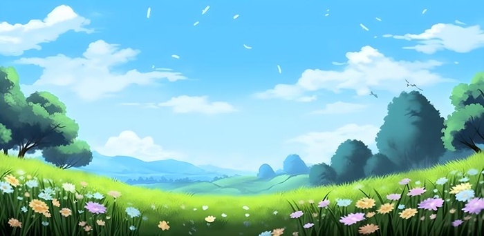 春天蓝天白云草原绿色树草地手绘插画海报素材背景(6272x3072)