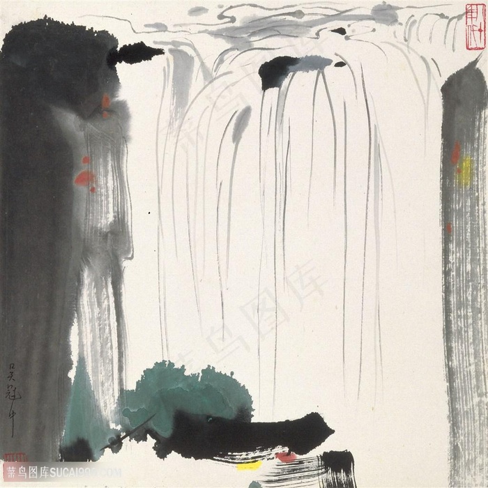 吴冠中手绘流水瀑布唯美风景画