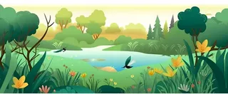 春夏森林山坡草地花草鸟绿植风景插画海报素材背景