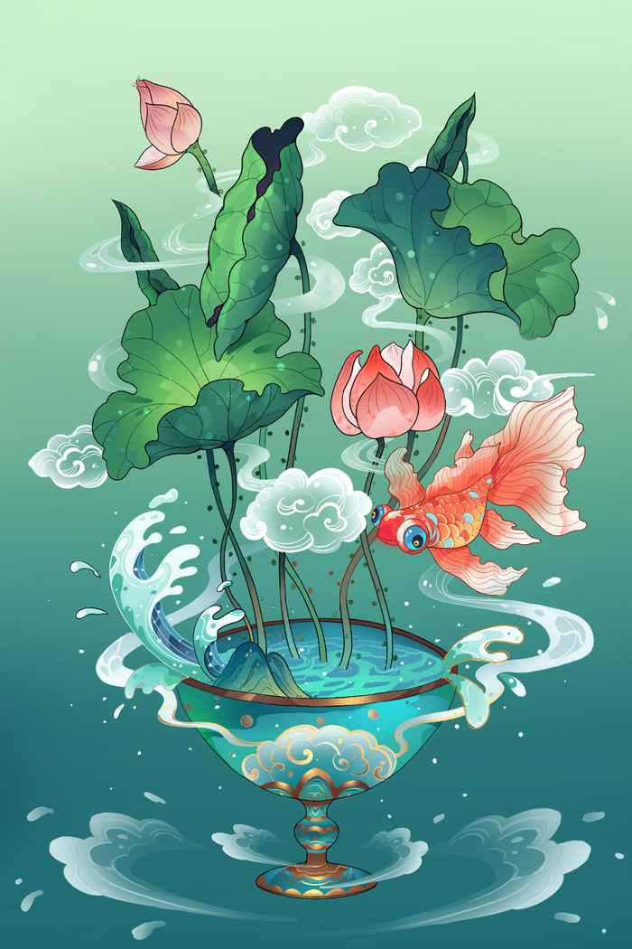 中国风国潮烫金仙鹤山水古建筑风景装饰插画背景PSD分层设计素材