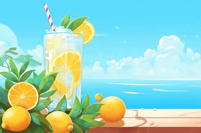 清新蓝天冰饮柠檬冰块插画背景(1344x896)
