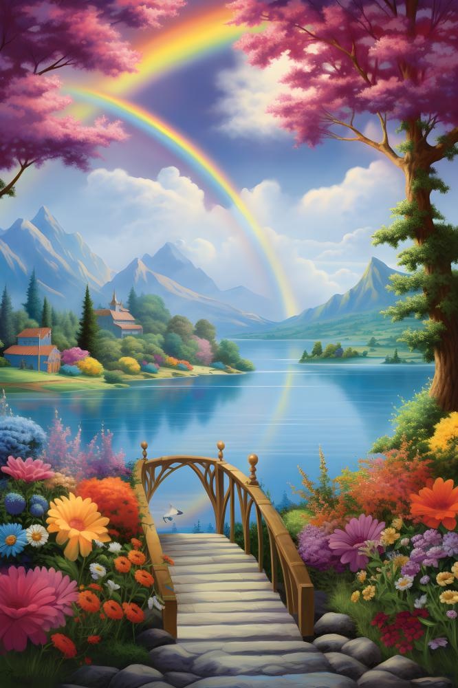 蓝天森林小桥花朵背景
