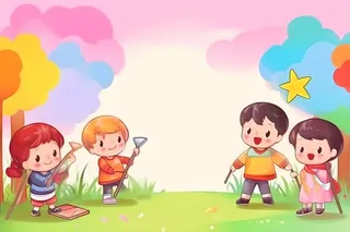 儿童在草坪上玩耍彩虹天空卡通背景