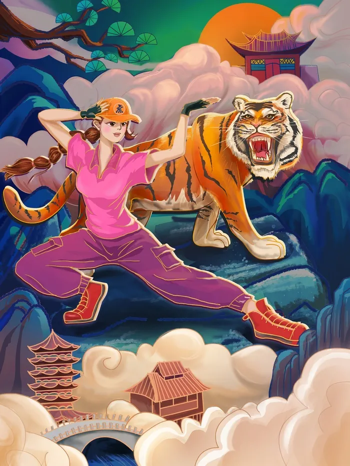 虎年中国风萌虎插画psd模版下载