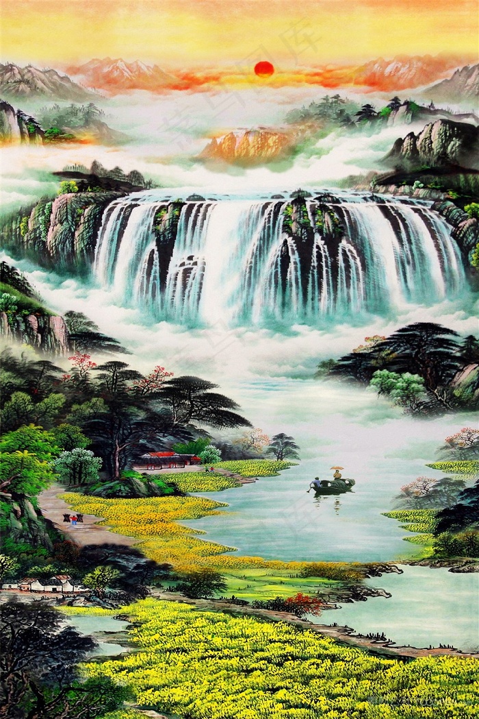 流水生财风景字画高清分辨率喷绘打印办公室挂画素材山水花草