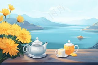 秋季山水赏菊泡茶重阳节插画素材