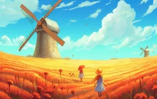 秋天麦田里的女孩背影插画背景