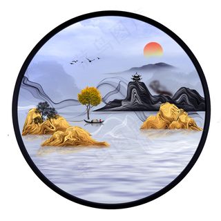 新中式水墨红日山水花鸟背景图蓝色轻奢山水画客厅卧室装饰画