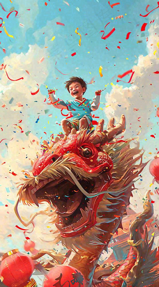祥龙喜庆欢乐节日，蓝天白云儿童手绘插画(816x1472)