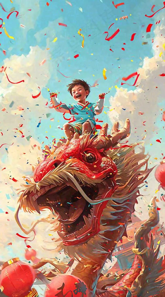 祥龙喜庆欢乐节日，蓝天白云儿童手绘插画(816x1472)
