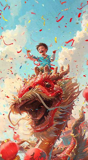 祥龙喜庆欢乐节日，蓝天白云儿童手绘插画