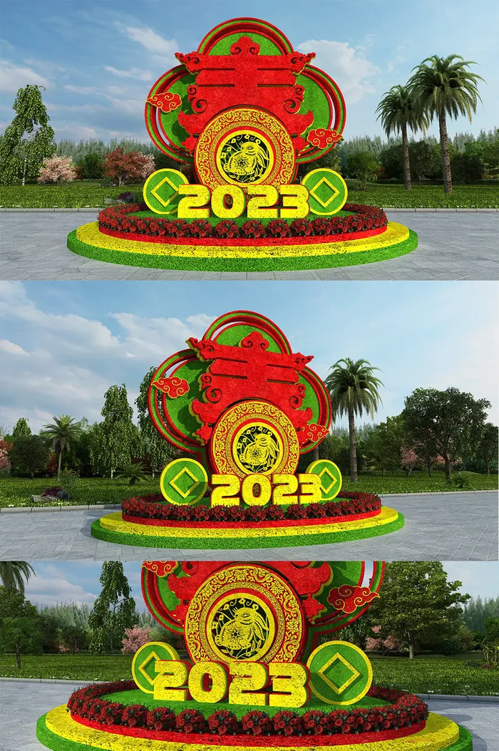 大气红绿色2023兔年春节户外绿植雕塑