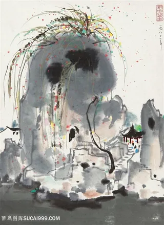 吴冠中手绘水墨山脉风景画装饰画