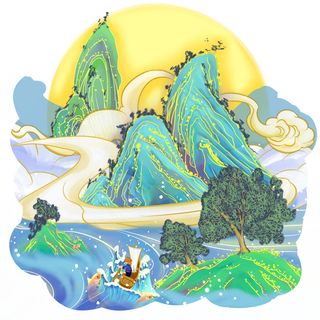 中国风国潮山水插画祥云中式手绘烫金线条元素png装饰背景PSD素材