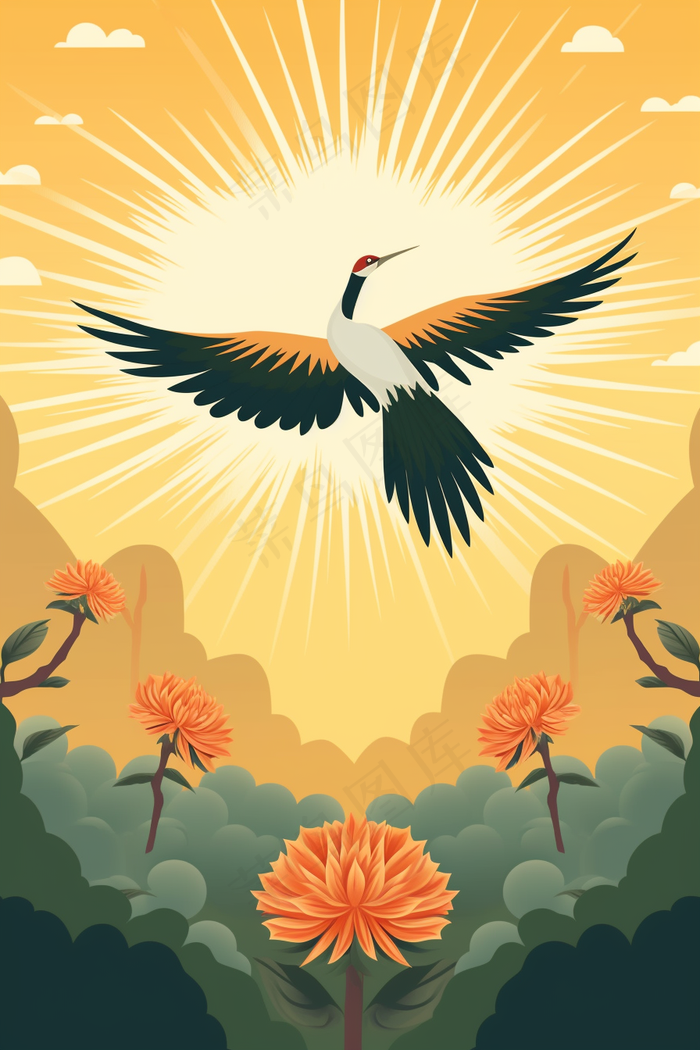 秋季鲜花盛开菊花仙鹤鸟重阳素材插画背景