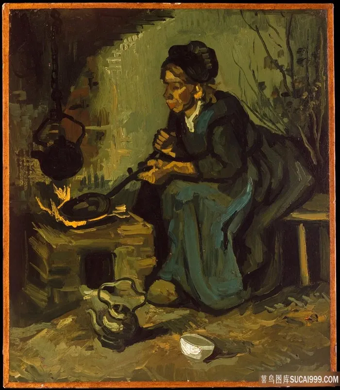 梵高--在壁炉旁做饭的农妇