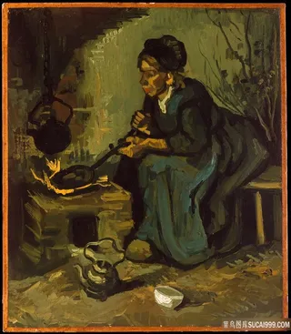 梵高--在壁炉旁做饭的农妇