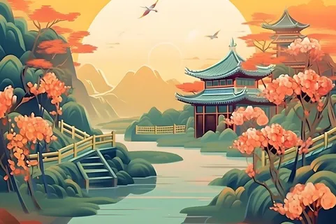 国潮花朵仙鹤云间背景