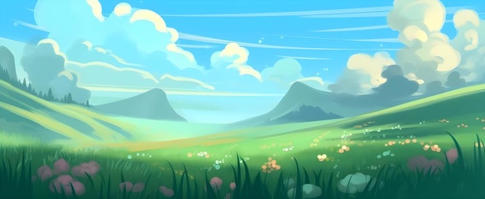 春天蓝天白云草原绿色树草地手绘插画海报素材背景(6848x2816)