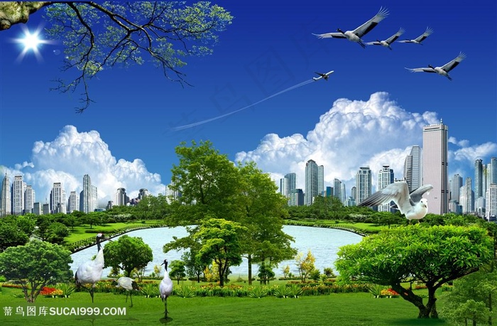 高楼大厦湖畔美景韩式自然背景