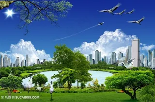 高楼大厦湖畔美景韩式自然背景