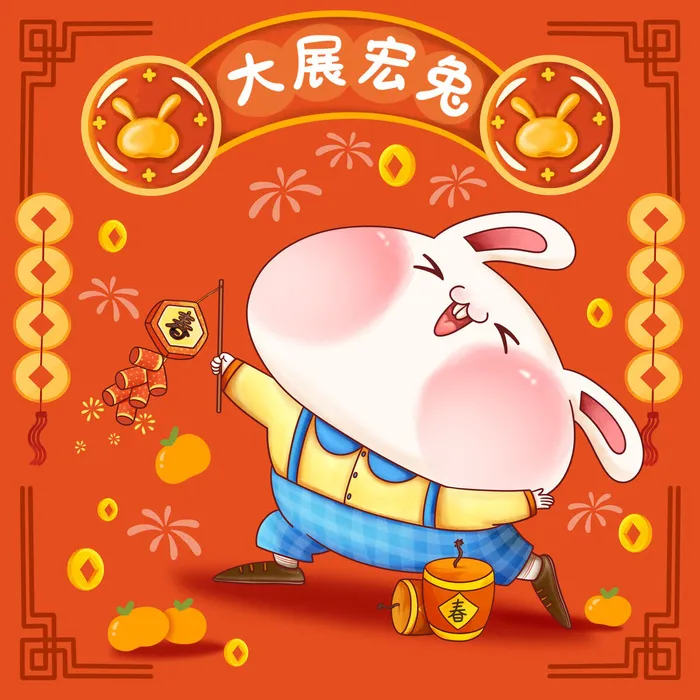 手绘2023兔年新年卡通兔子形象IP插画元素PSD设计素材png图案psd模版下载