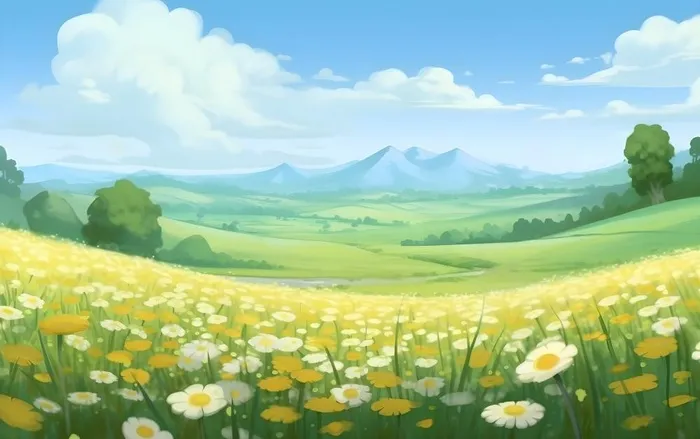 蓝天白云草坪草原人物黄色花朵手绘插画海报素材背景(5504x3456)