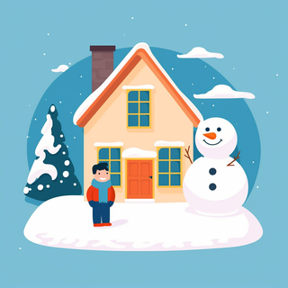 冬季雪景房屋门口的雪人卡通插画背景