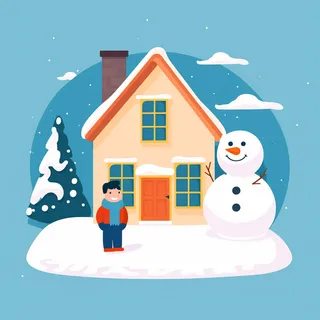 冬季雪景房屋门口的雪人卡通插画背景