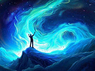 夜晚天空科幻绚丽星空下的人，暗黑天蓝