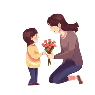 母亲节孩子给妈妈送花人物插画免抠