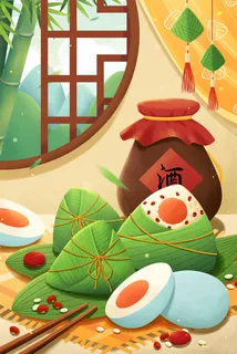 国潮风中国传统节日端午节赛龙舟粽子场景插画海报PSD设计素材