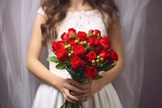 穿着白婚纱的新娘红色玫瑰花手捧花摄影图