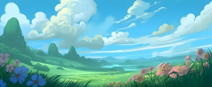 春天蓝天白云草原绿色树草地手绘插画海报素材背景(6848x2816)