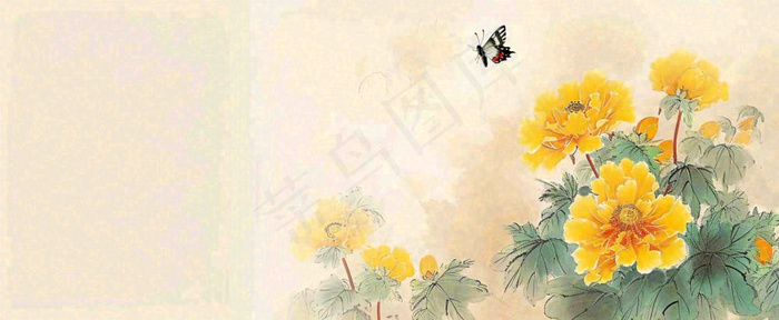温馨纹理橙色花朵鲜花蝴蝶意境唯美渐变，中国风